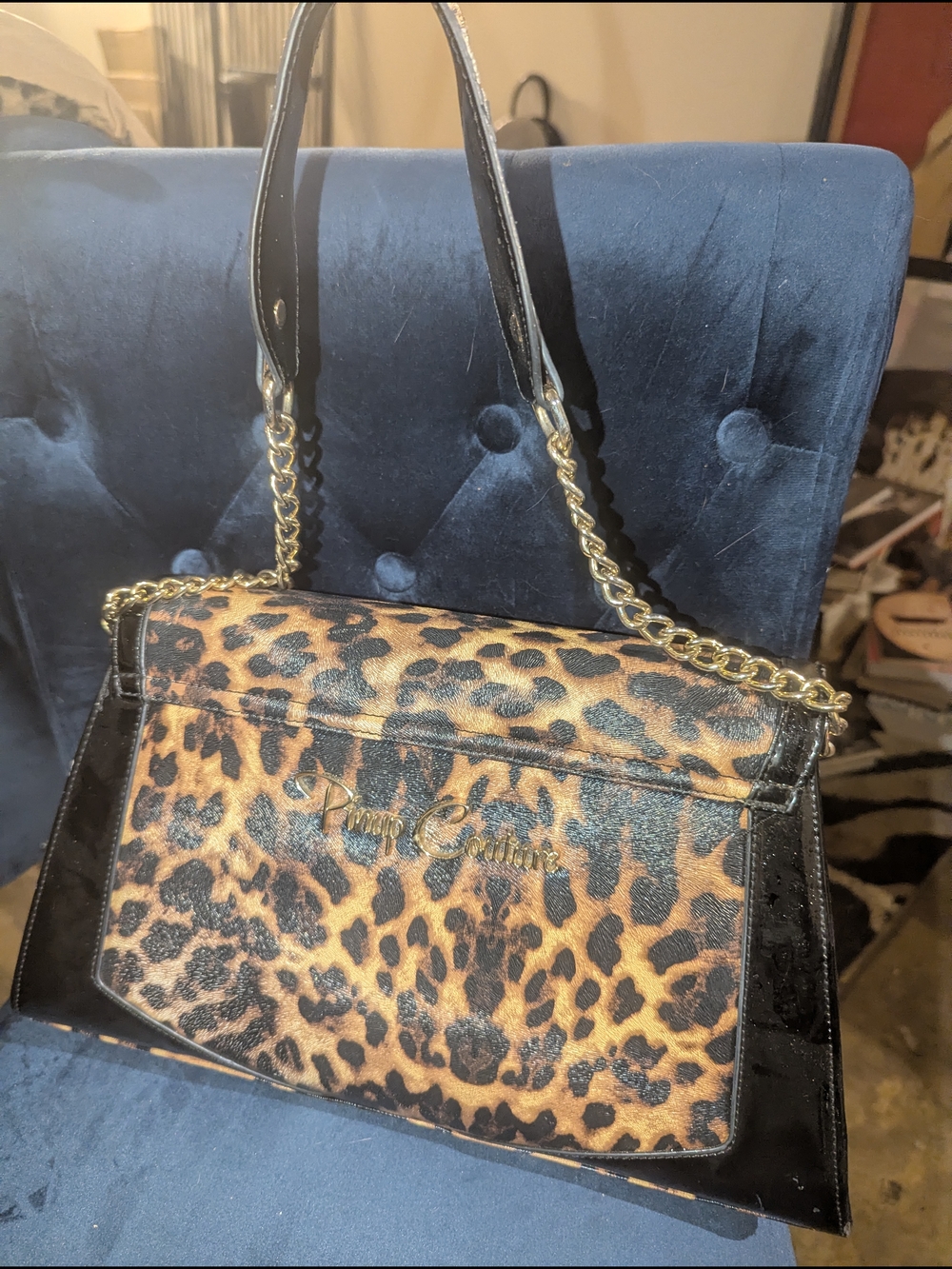 PUG PATENT LEATHER Leopard Print Shoulder Bag with Gold Chain Accent